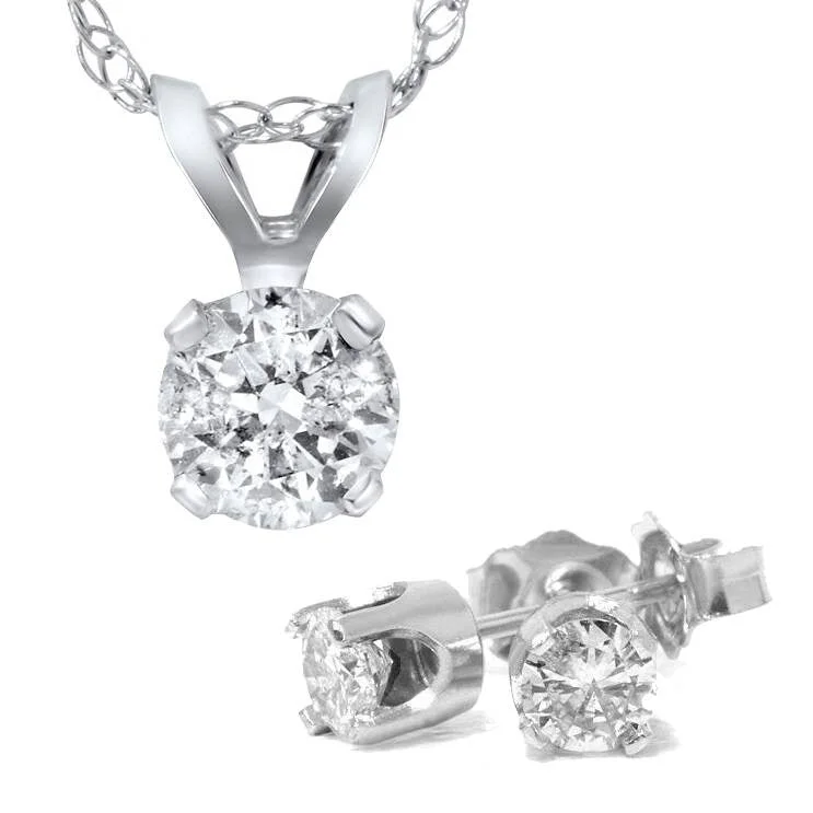 1 5/8 Carat Diamond Solitaire Necklace & Studs Earrings Set White Gold