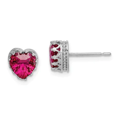 10k White Gold Tiara Collection 6mm Heart Created Ruby Crown Earrings