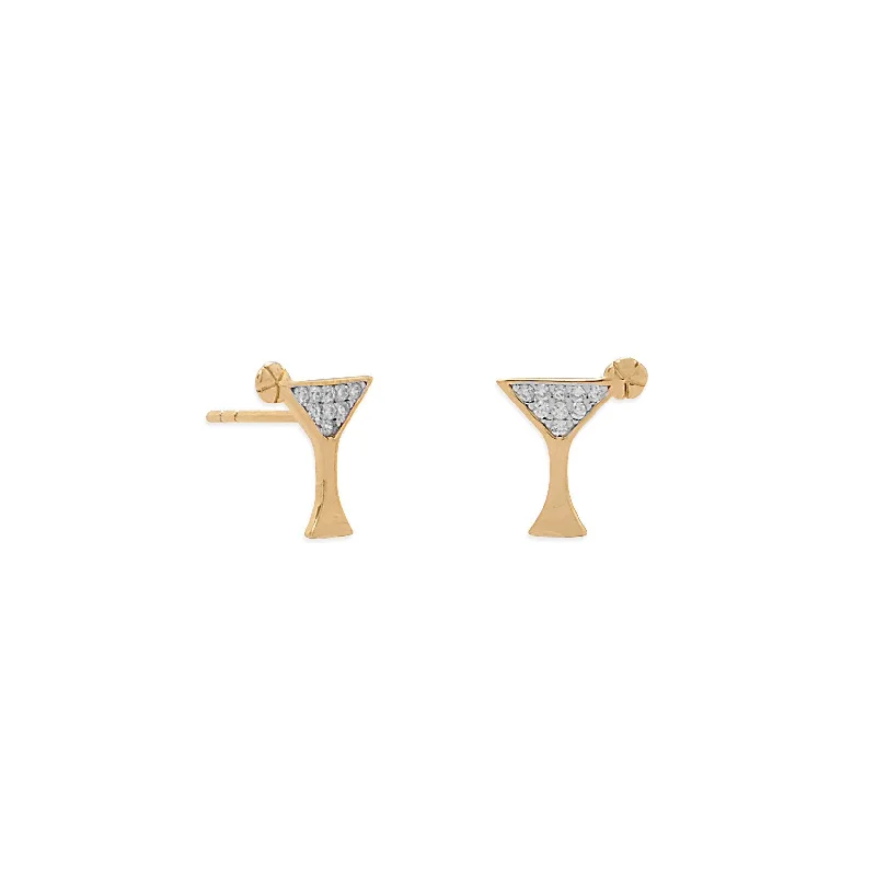 14 Karat Gold Plated Sterling Silver CZ Martini Glass Stud Earrings