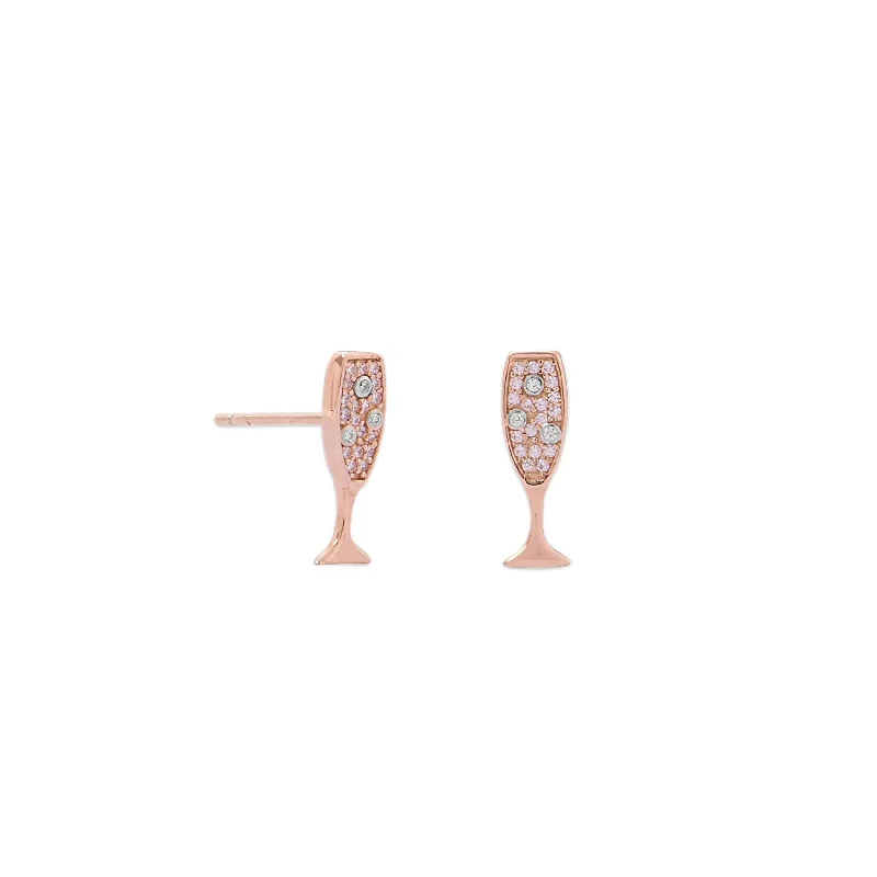 14 Karat Rose Gold Plated Sterling Silver CZ Champagne Glass Stud Earrings