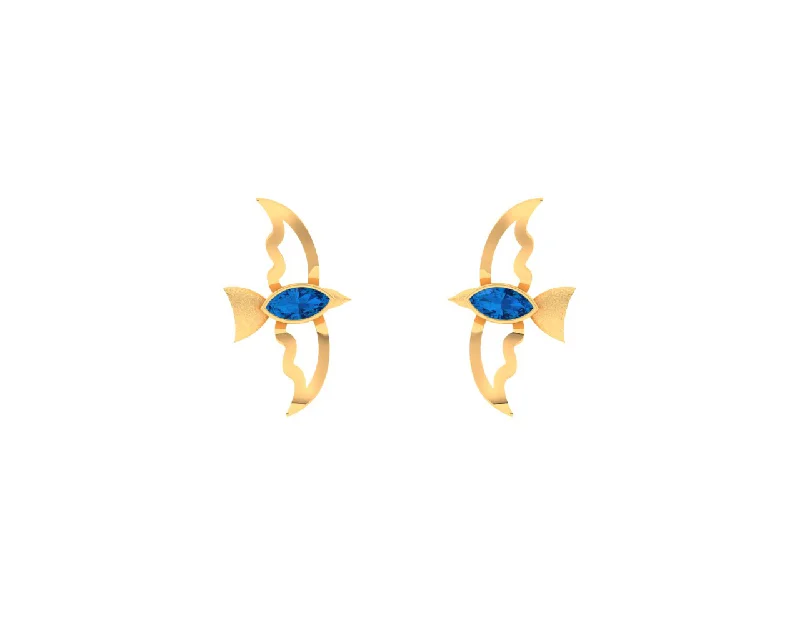 14k Beautiful Gold Bird-shaped Earrings With A Blue Stone