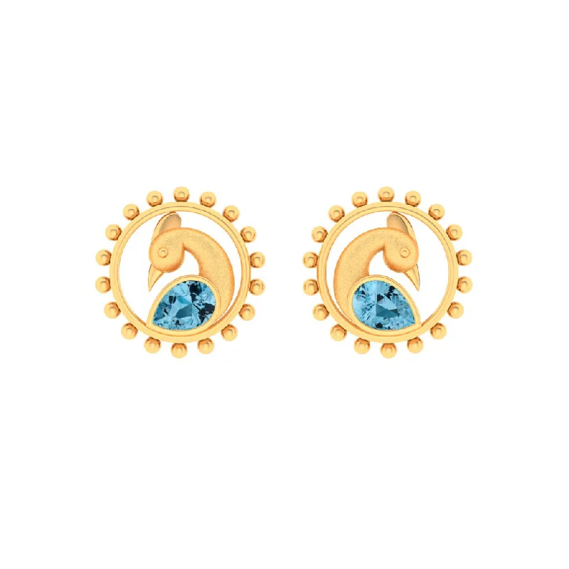 14k Cute Peacock Shaped Gold Stud Earrings With Blue Stone