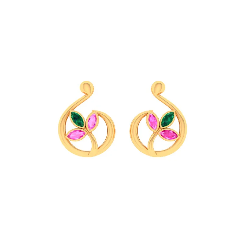 14k Exquisite Leafy Gold Stud Earrings With Multi-coloured Stones