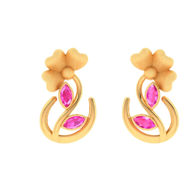 14k Floral Gold Stud Earrings With Pink Leafy Stones