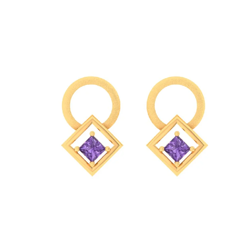 14k Gold Earrings With A Circle And Square Engraved With Violet Stone