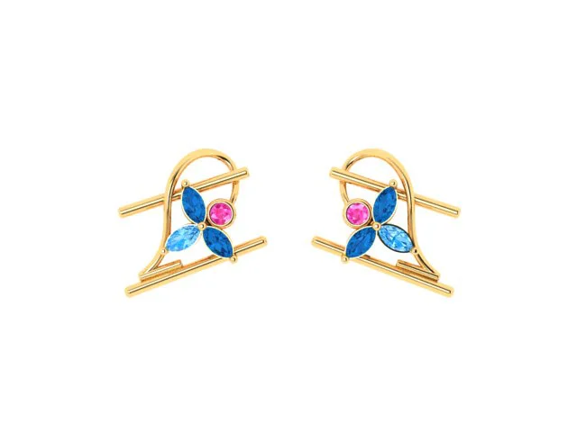 14k Gold Earrings With Beautiful Petals Engraved With Pink And Blue Stones