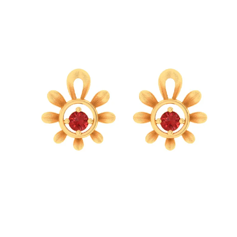 14k Gold Earrings With Floral Pattern And A Red Stone