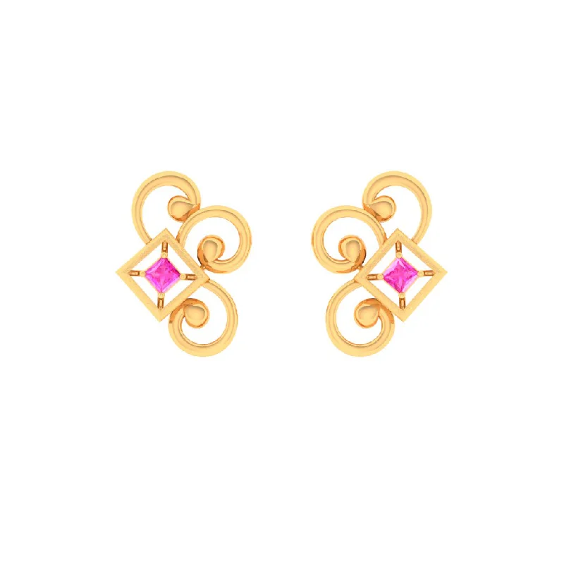 14k Gold Earrings With Unique Design And A Pink Stone