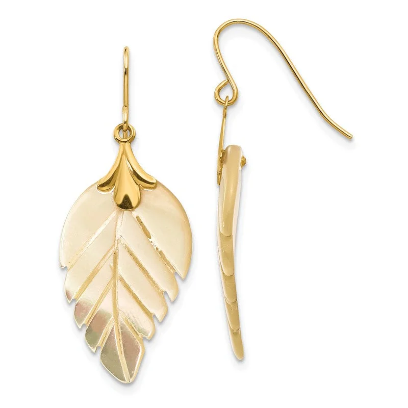 14k Gold Mother Of Pearl Leaf Dangle Earrings