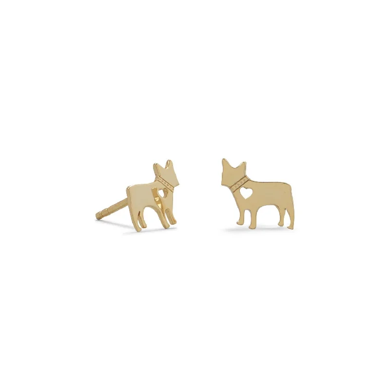 14k Gold Plated Sterling Silver French Bulldog Dog with Heart Stud Earrings