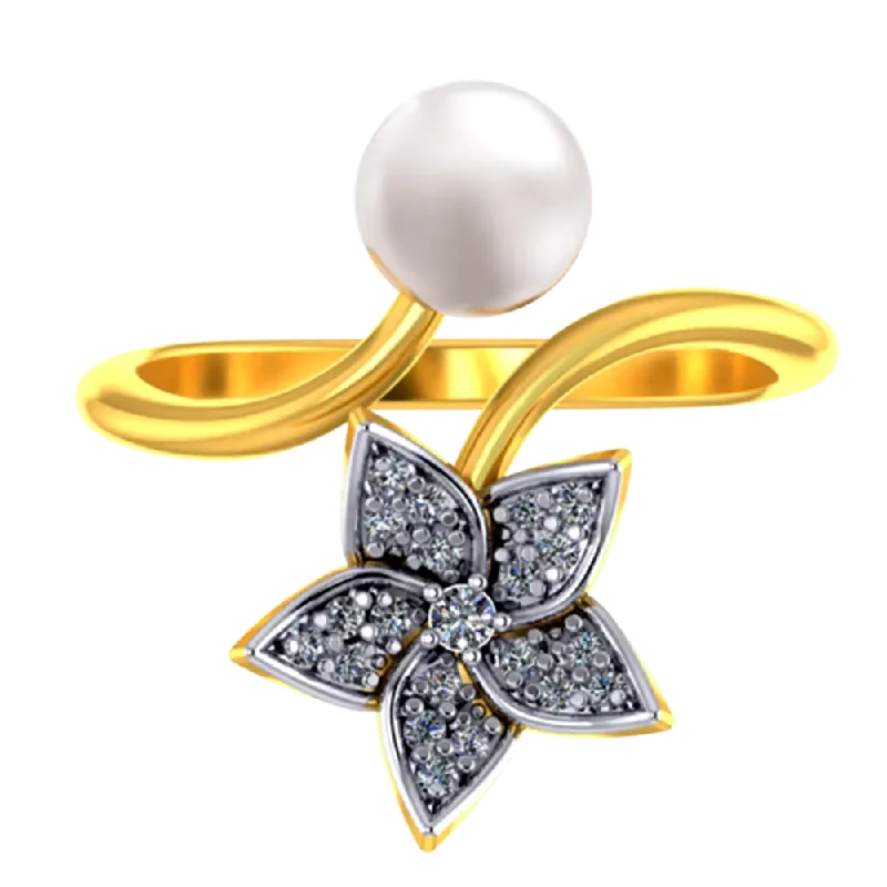 14k Gold Ring With A Pearl And Floral Design Adorned With Stones