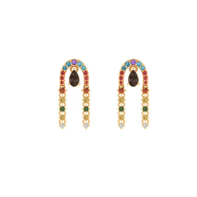 14k Gorgeous Gold Earrings Engraved With Multi-colour Stones