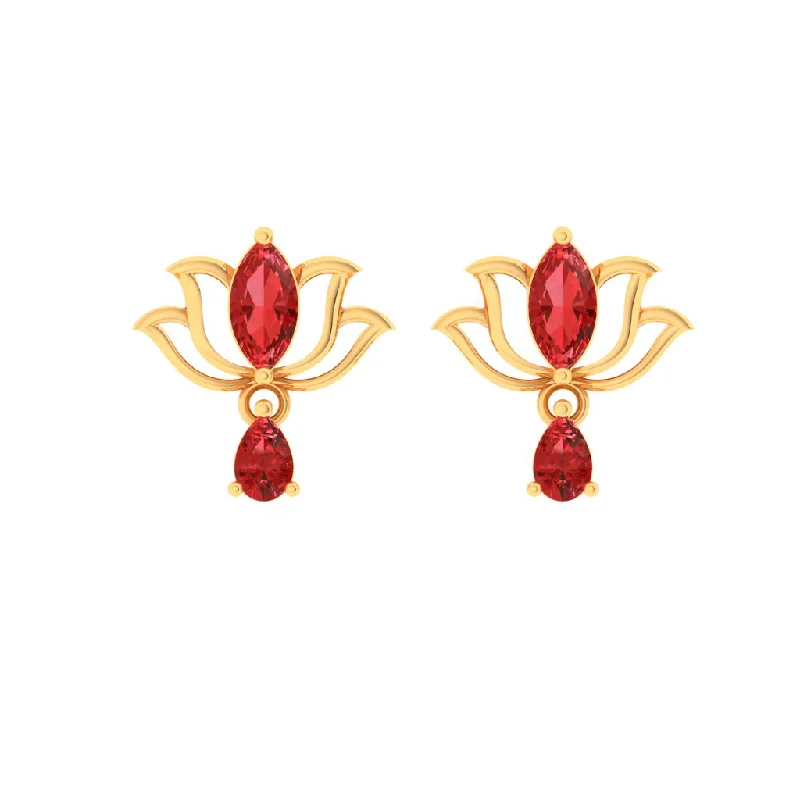 14k Lotus Shaped Gold Earrings With Red Stones