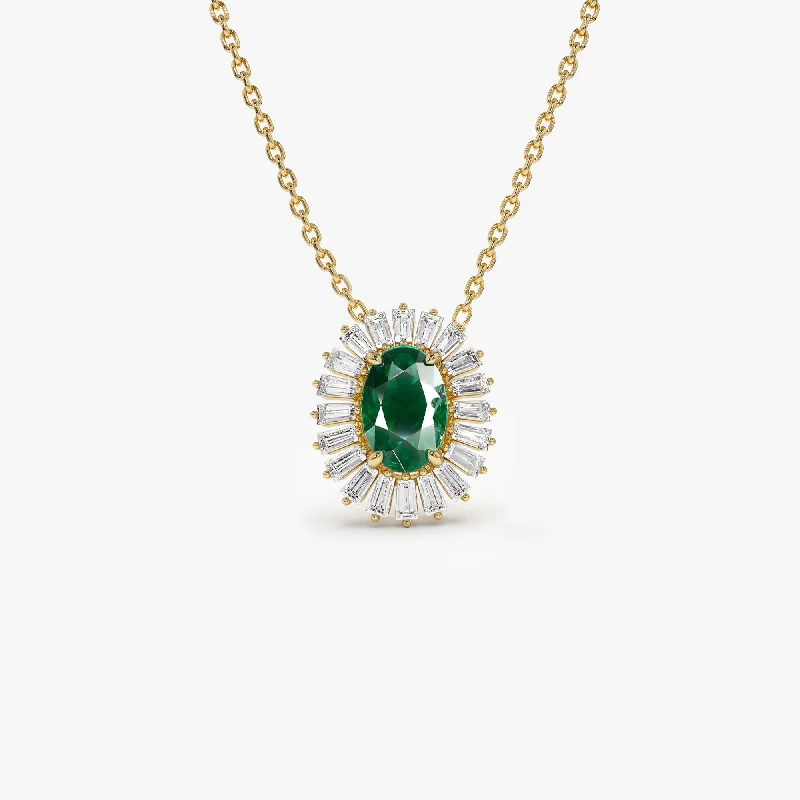 14k Oval Shape Emerald with Baguette Halo Setting Necklace