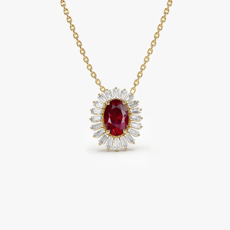 14k Oval Shape Ruby with Baguette Halo Setting Necklace