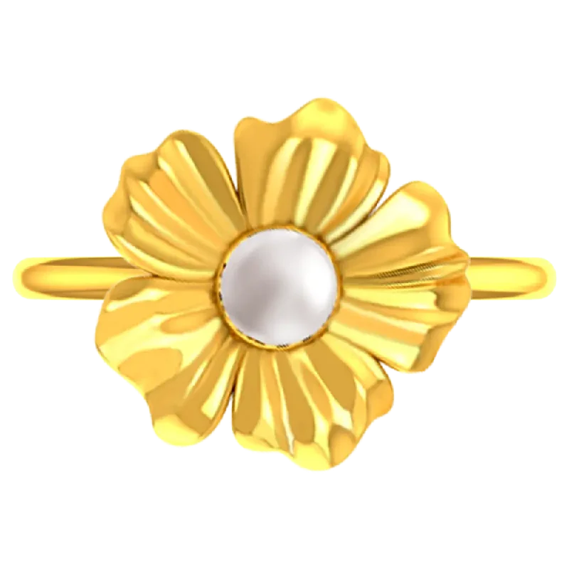 14k Solid Gold Ring With A Floral Motif And A Pearl In Between