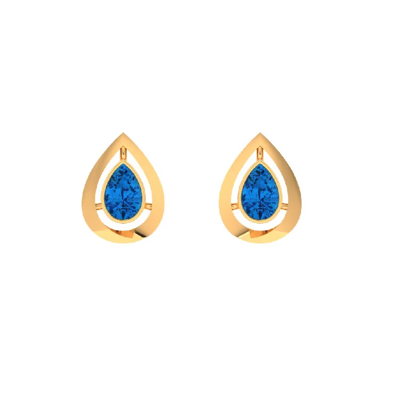 14k Tear Drop Gold Stud Earrings With Blue Stone