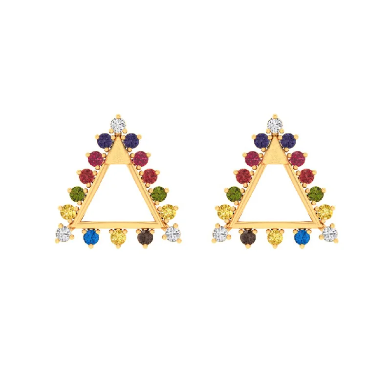 14k Triangular Gold Earrings With Beautiful Multi-coloured Stones