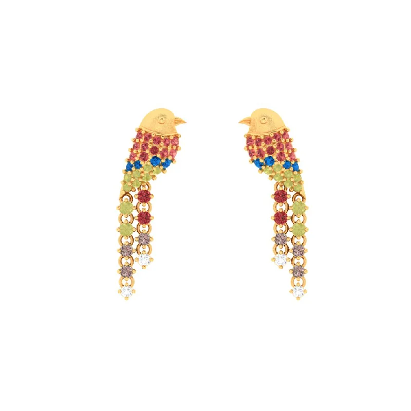 14k Unique Bird-shaped Gold Earrings Embedded With Multi-colour Stones