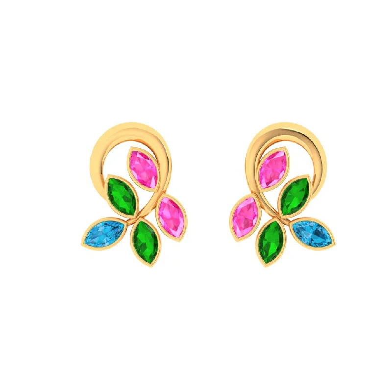 14k Uniquely Shaped Leafy Gold Stud Earrings With Multi-coloured Stones