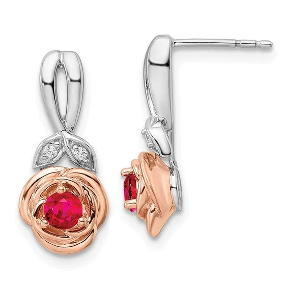 14k White and Rose Gold Two-tone Rose Ruby and Diamond Earrings