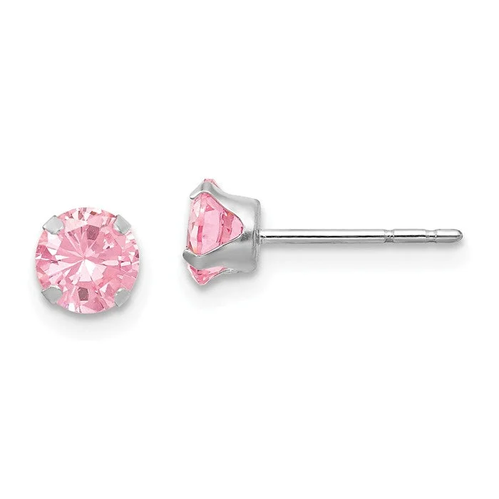 14k White Gold 5mm Round Pink CZ Stud Post Earrings