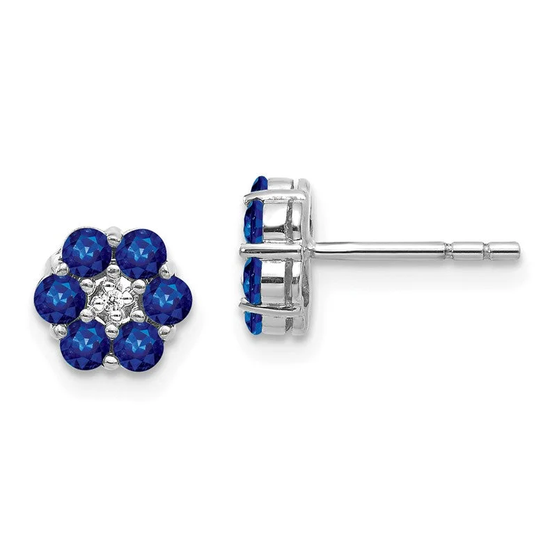 14K White Gold Genuine Blue Sapphire And Diamond Post Flower Earrings