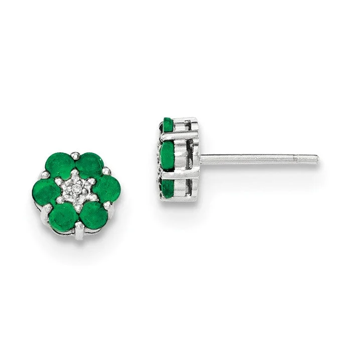 14K White Gold Solid Emerald And Diamond Post Flower Earrings