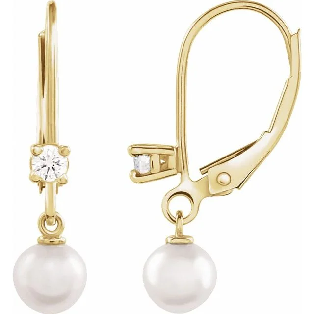 14K White or Yellow Gold Cultured White Akoya Pearl & 1/8 Natural Diamond Lever Back Earrings