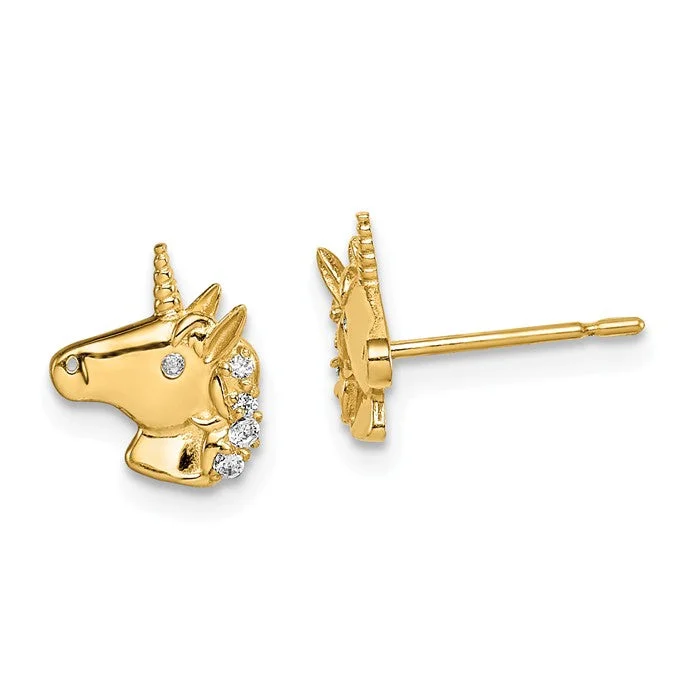 14k Yellow Gold Solid Unicorn CZ Stud Earrings