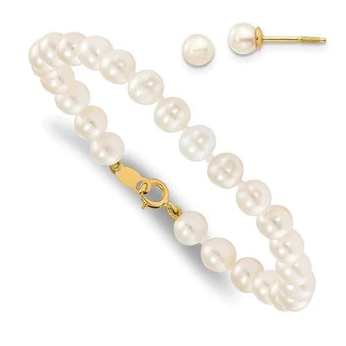 14k Yellow Gold Freshwater Pearl Children's Bracelet And Screw Back Earrings Set