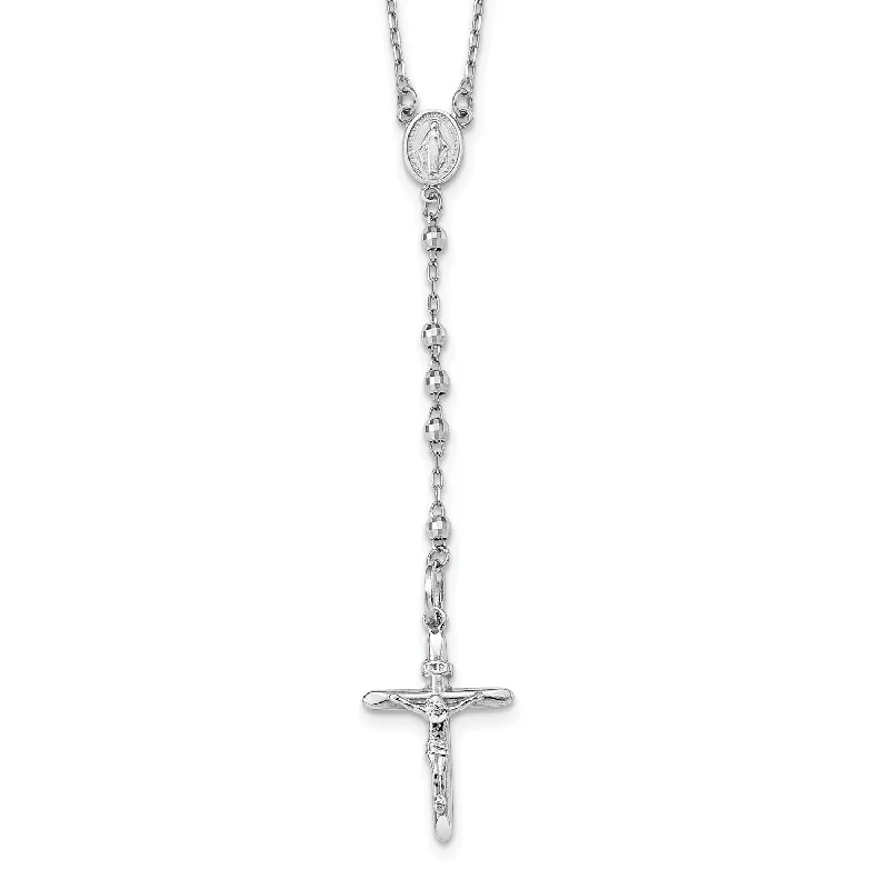 14KT White Gold 24-inch Lobster Clasp Diamond-cut Beaded Rosary Necklace