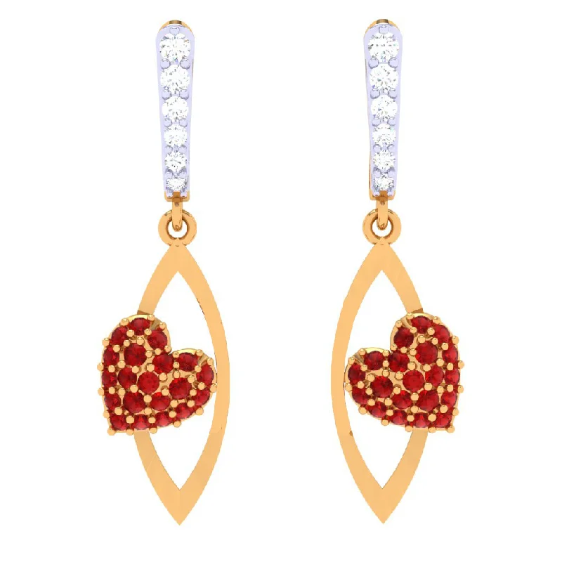 18k Diamond Embossed Red Stone Studded Yellow Gold Earring