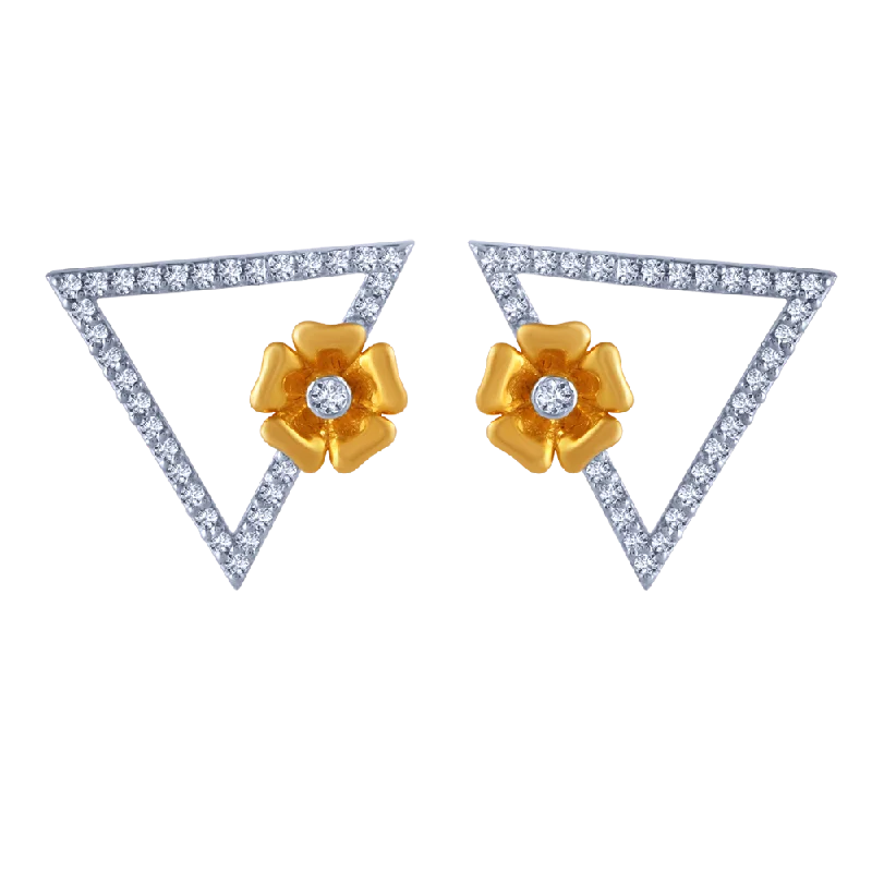 18k Triangular Diamond Stud Earrings With An Intricate Flower