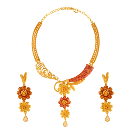 22k Unique Gold Jewellery Set With Beautiful Floral Design