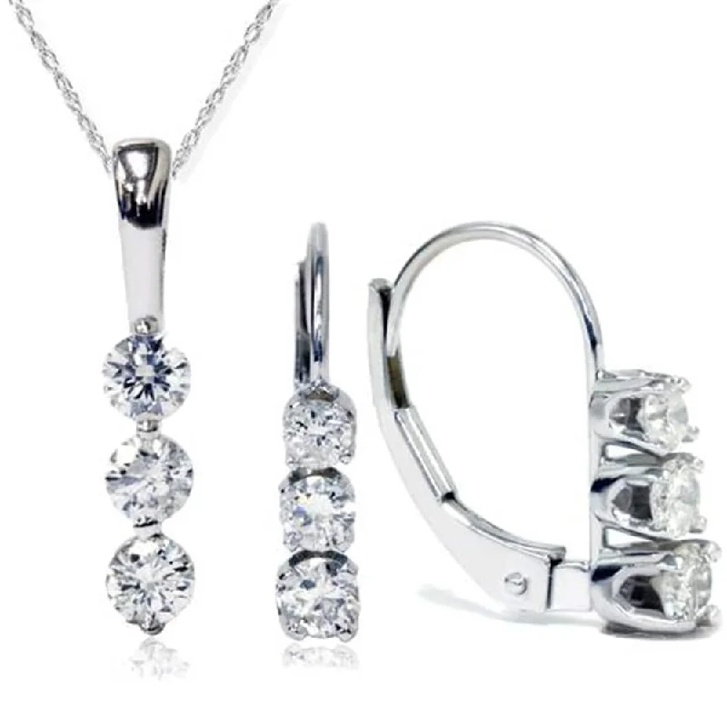 7/8ct 3 Stone Diamond Earrings & Pendant Set White Gold