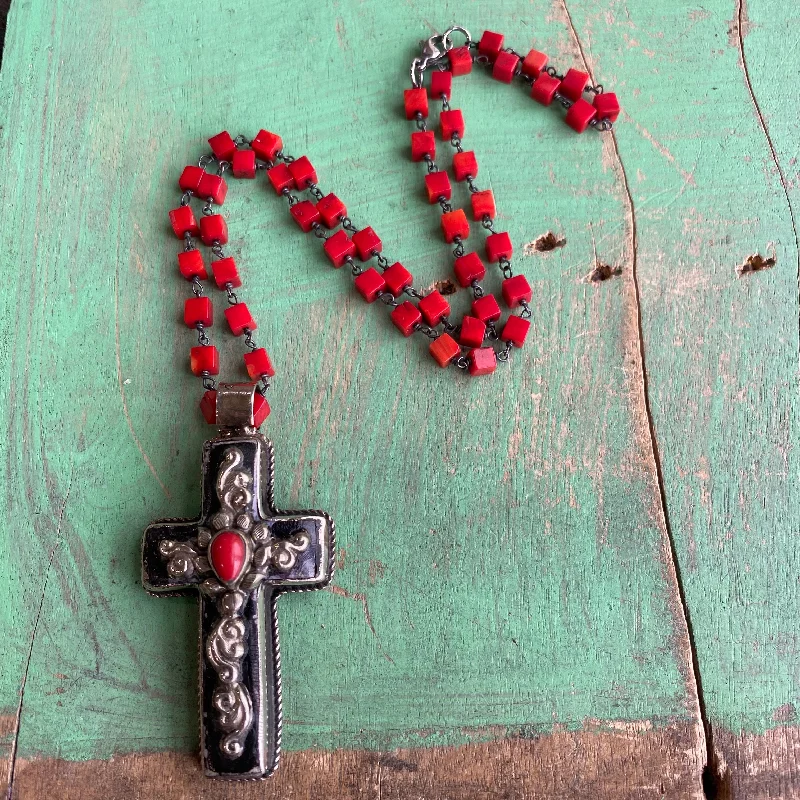 Bamboo Coral Cross Necklace and Earrings