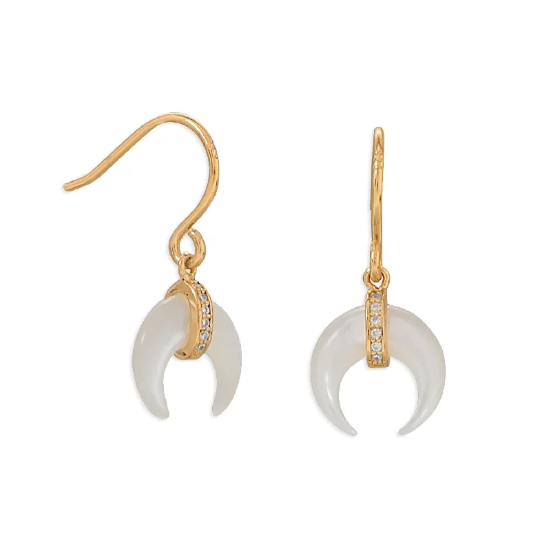 Crescent Moon Mother of Pearl with CZ Gold Plated Sterling Silver Earrings