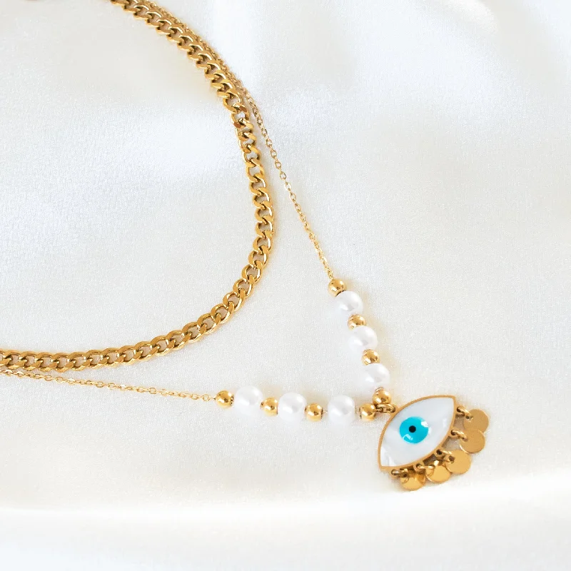 Dainty Pearl Evil Eye Layered Necklace