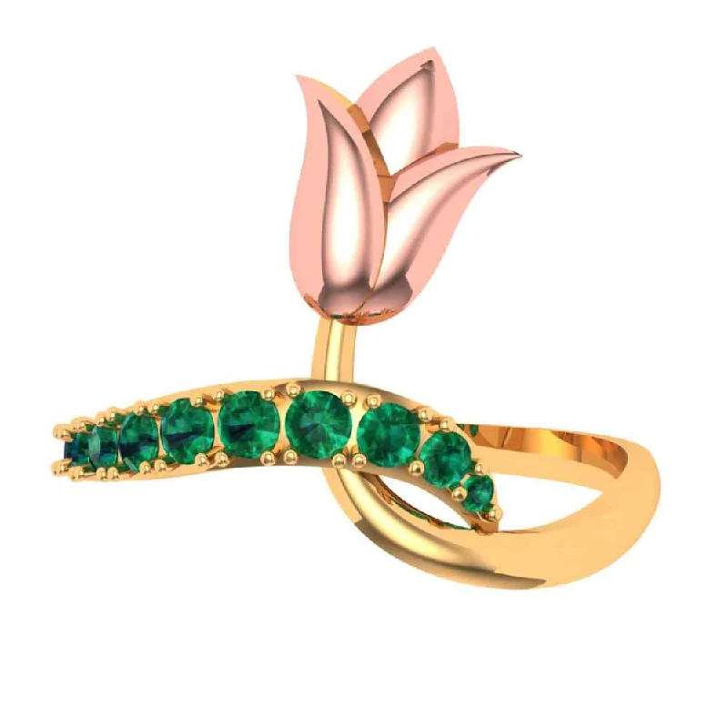 Green Stone Studded Lotus Themed Gold Rings For Women