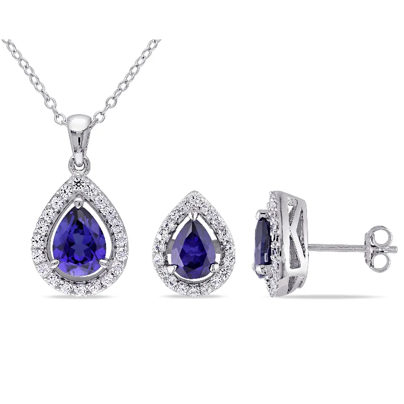 Miadora Sterling Silver Pear-cut Created Blue and White Sapphire Halo Teardrop Necklace and Stud Earrings 2-Piece Set