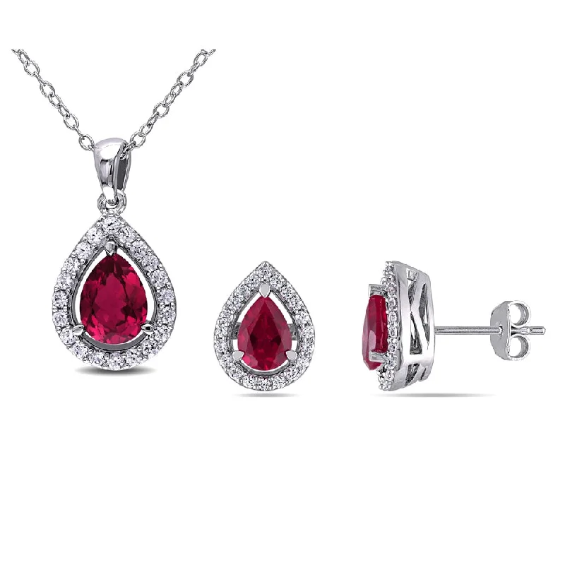 Miadora Sterling Silver Pear-cut Created Ruby and Created White Sapphire Halo Teardrop Necklace and Stud Earrings 2-Piece Set