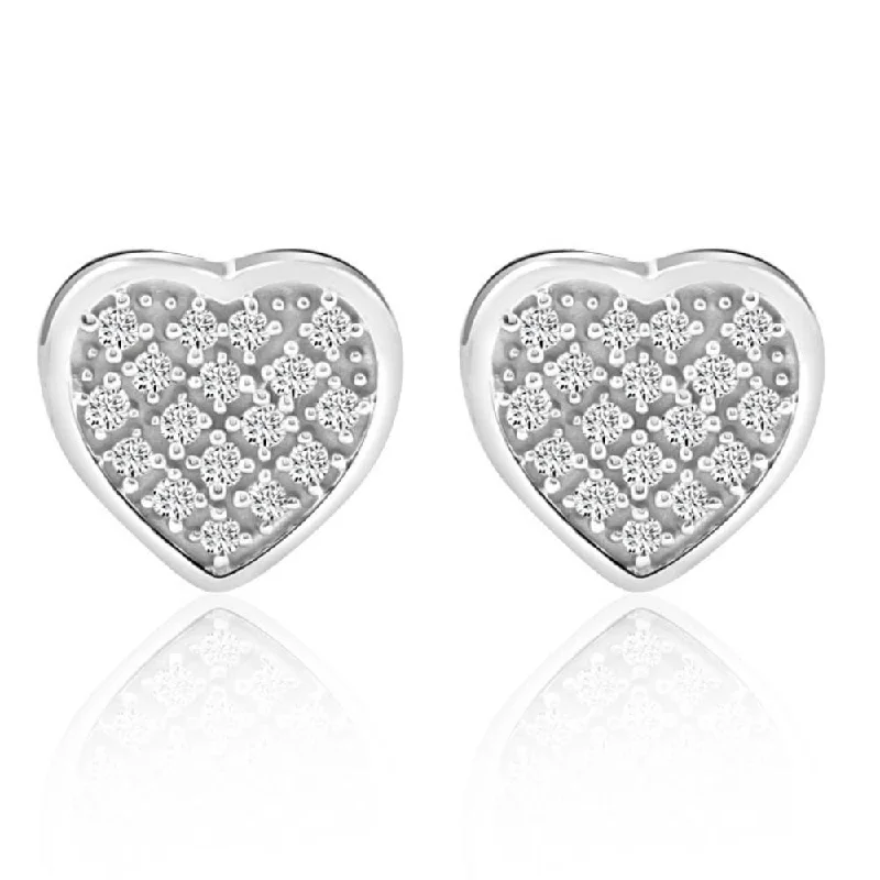 Pave Diamond Heart Studs Screw Back Earrings in White or Yellow Gold