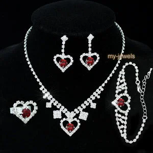 Dark Red Crystal Heart Necklace Bracelet Ring Earrings Set XS1032