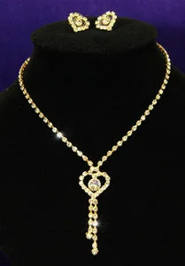 Heart Crystal Rhinestone Gold Necklace Earrings Set XS1045