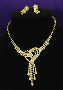 Heart Crystal Rhinestone Gold Necklace Earrings Set XS1051