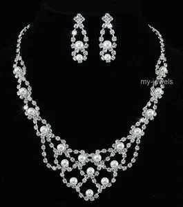 Bridal Faux Pearl Crystal Necklace Earrings Set XS1162