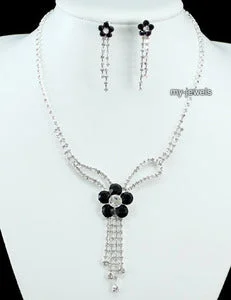 Black Flowers Onyx  Necklace Earrings Set XS1166