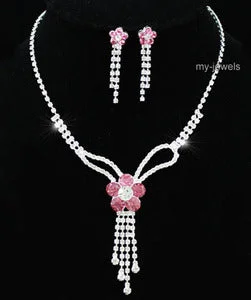 Bridal Pink Flowers Crystal Necklace Earrings Set XS1168