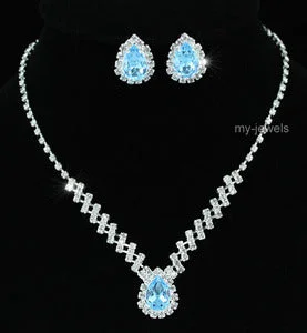 Bridal 5 Carat Blue Crystal Necklace Earrings Set XS1187